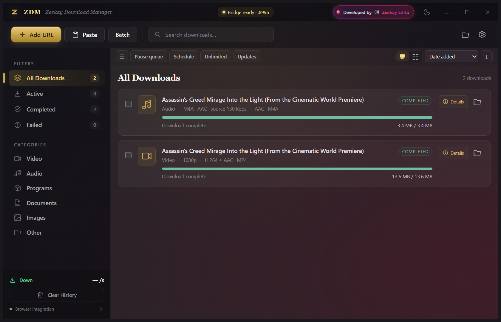 ZDM desktop interface with gold controls, download categories and completed video and audio downloads