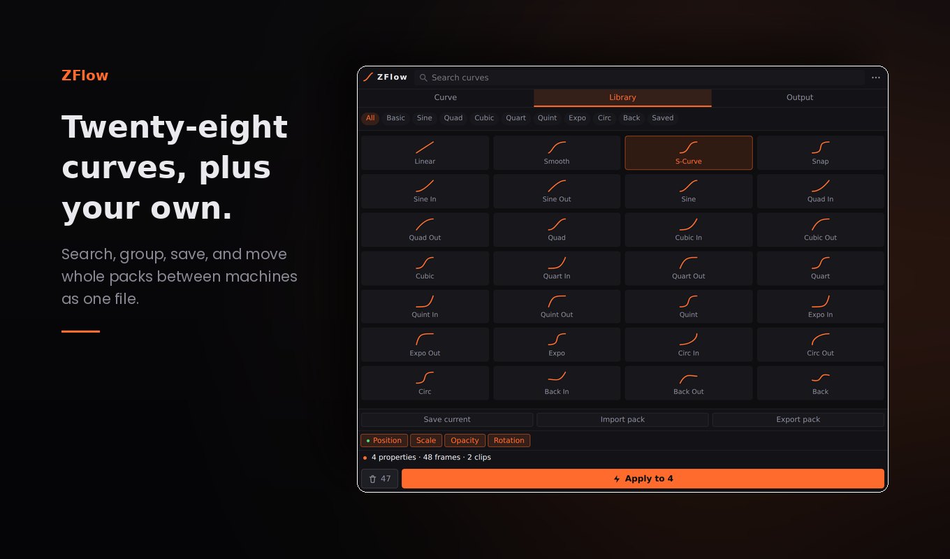 ZFlow curve library showing 28 easing presets